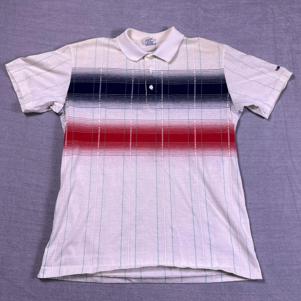 Head Sportswear Mens Vintage Striped Polo Shirt White Blue Red Short Sleeve S